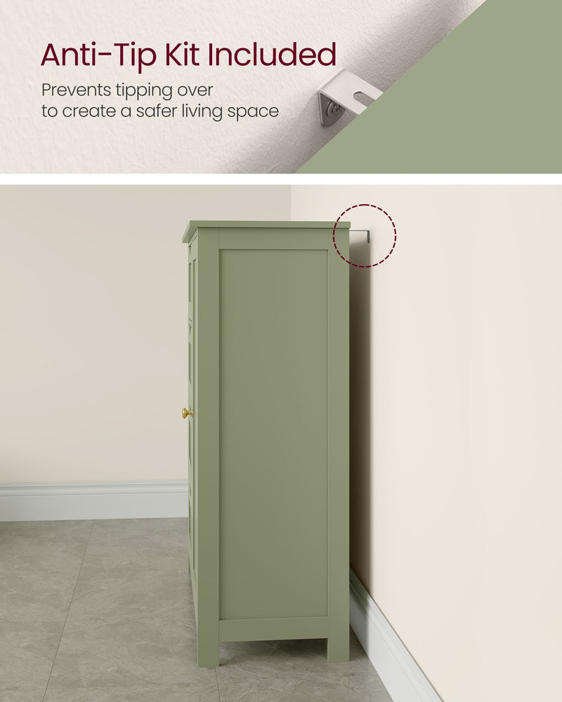 Anti-tip wall fixing bracket shown installed behind the cabinet against a wall