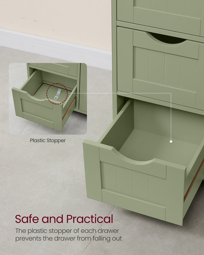 Close-up of an open drawer showing the plastic stopper that prevents it falling out