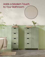 Laurel Green bathroom cabinet and matching tallboy styled beneath a round mirror in a bathroom