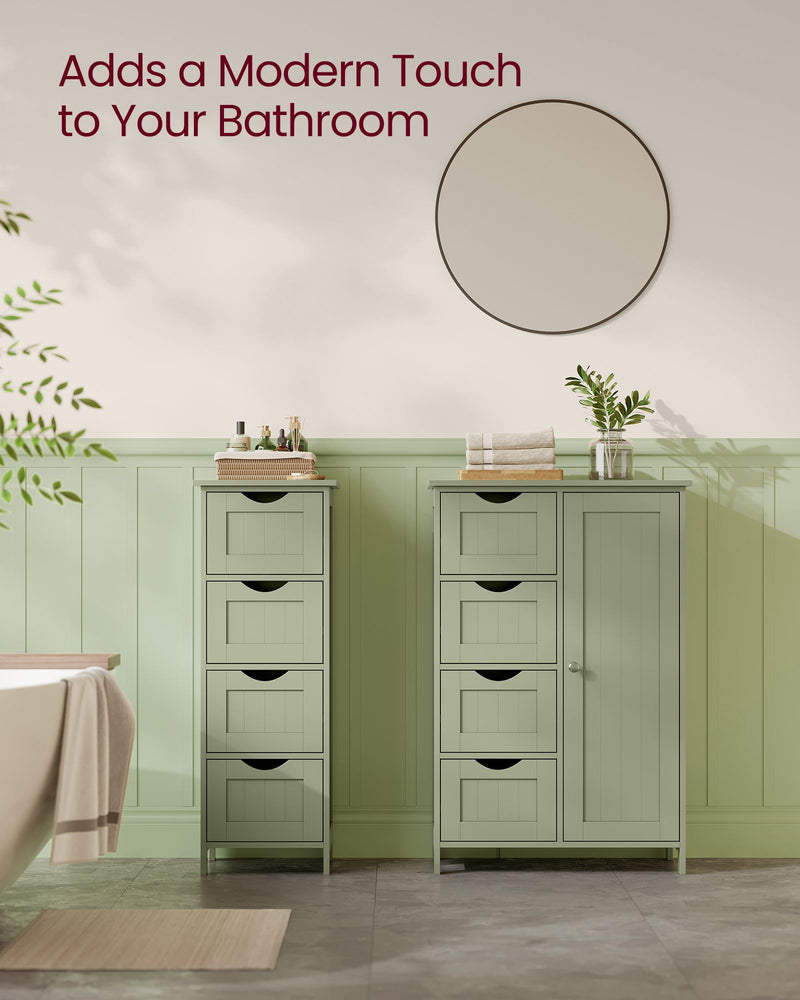 Laurel Green bathroom cabinet and matching tallboy styled beneath a round mirror in a bathroom