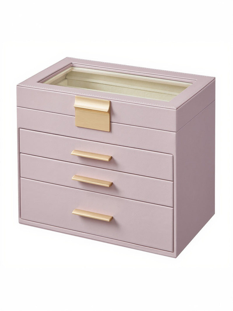 Lavender purple 4 tier jewellery box closed, showing the glass lid and 3 gold-handled drawers