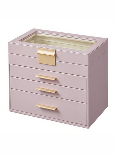 Lavender purple 4 tier jewellery box closed, showing the glass lid and 3 gold-handled drawers