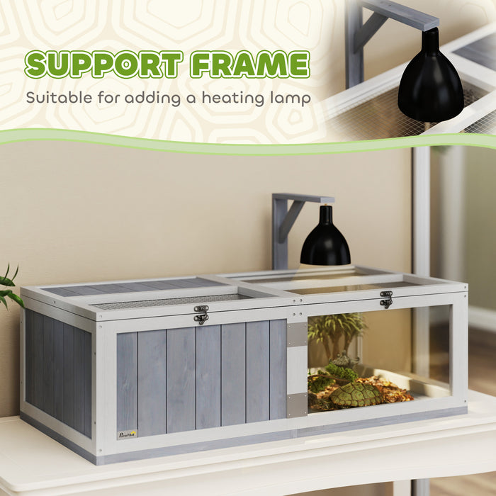 Wooden Tortoise House with Lamp Holder Clear Window Openable Tops and Tray Light Grey by PawHut