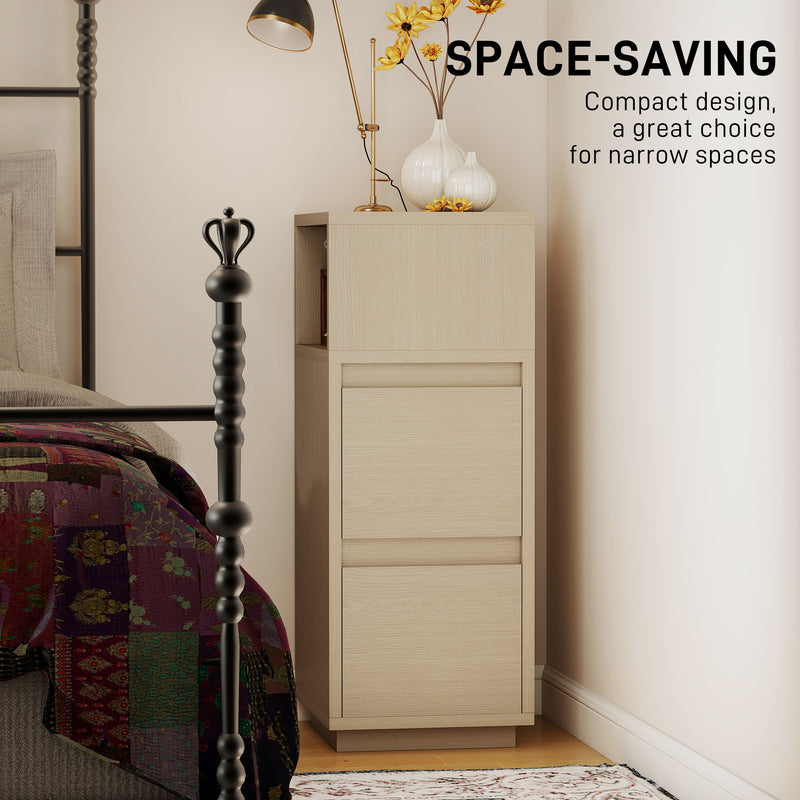 Slim Bedside Table With Open Shelf and Two Drawers for Bedroom Storage Natural Wood Finish