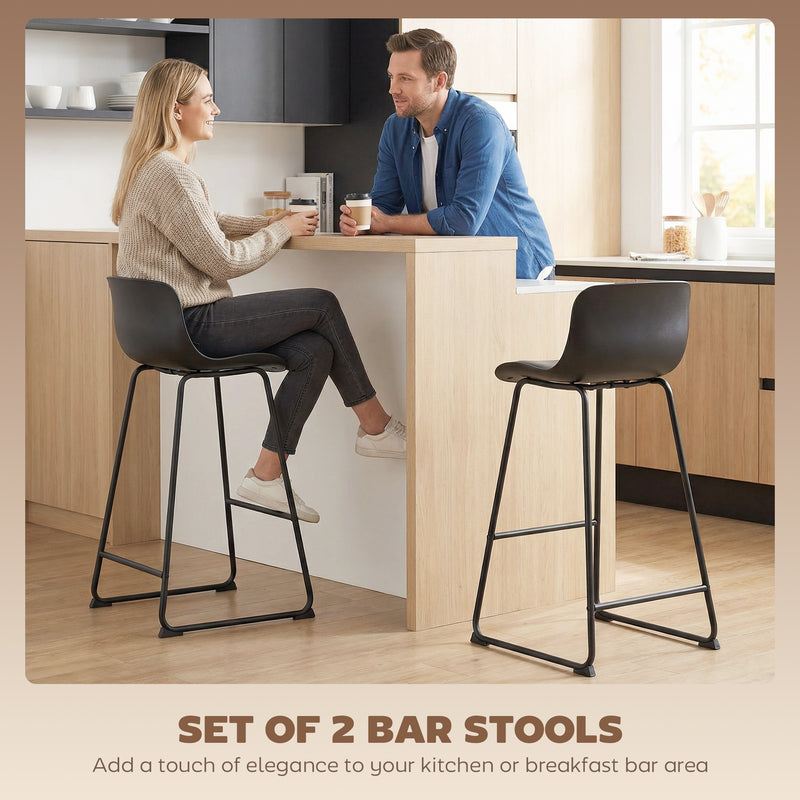Set of 2 Bar Stools with Cushioned Seat and Easy Clean Surface for Kitchen Black AOSOM