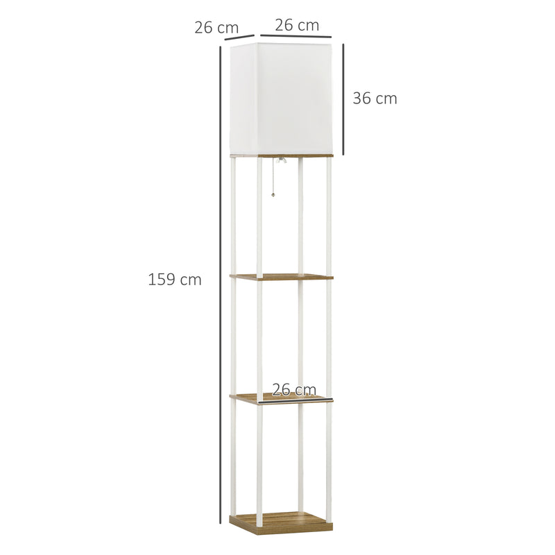 Tall Floor Lamp With Shelves And Fabric Shade For Living Room Or Bedroom, White