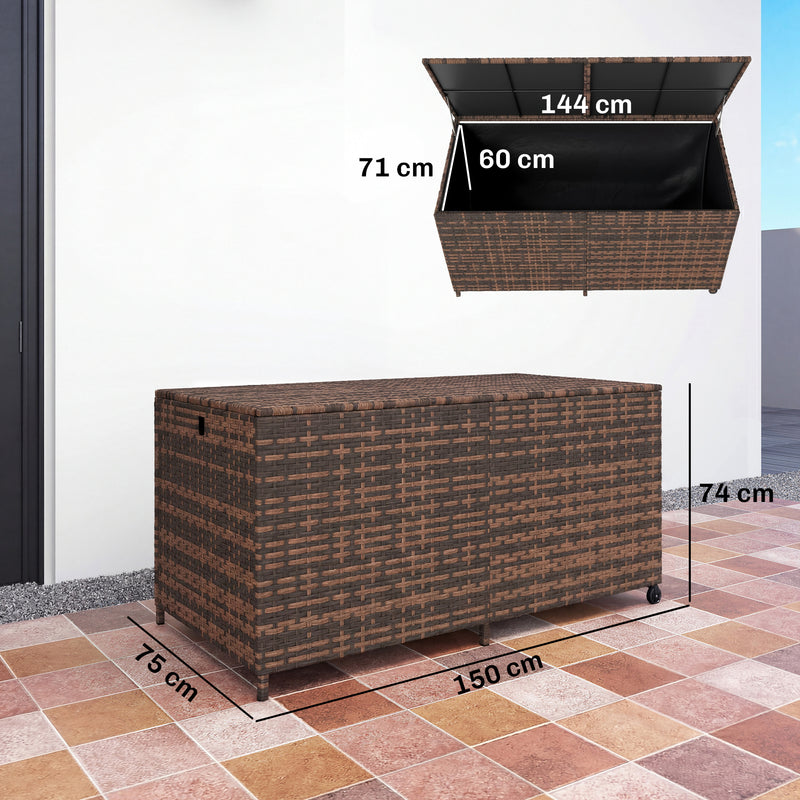Waterproof Cushion Storage Box For Garden 650L With Wheels and Gas Lift Lid Mixed Brown PE Rattan