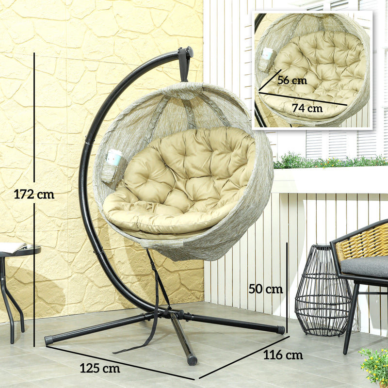 Khaki Hanging Egg Chair with Stand Thick Cushion and Cup Holder for Garden or Indoor Use by Outsunny