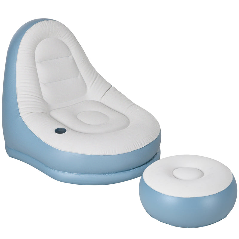 Inflatable Chair and Footstool Set for Quick Extra Seating Indoors or Outdoors White and Blue