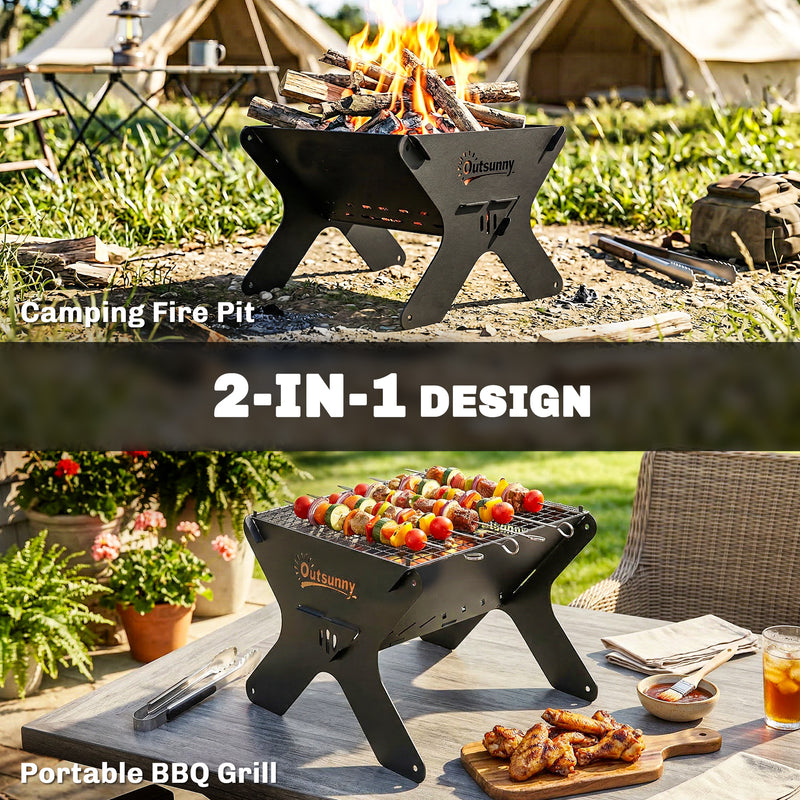 Portable Charcoal BBQ Grill and Fire Pit for Camping and Garden Gatherings Black Outsunny