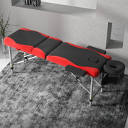 Portable 3 Section Aluminium Massage Table With Headrest and Carry Bag For Salons, Black and Red