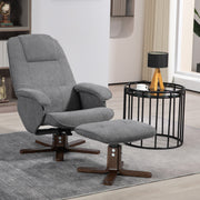 Linen Swivel Recliner Armchair With Footstool And Wooden Base For Living Room Grey