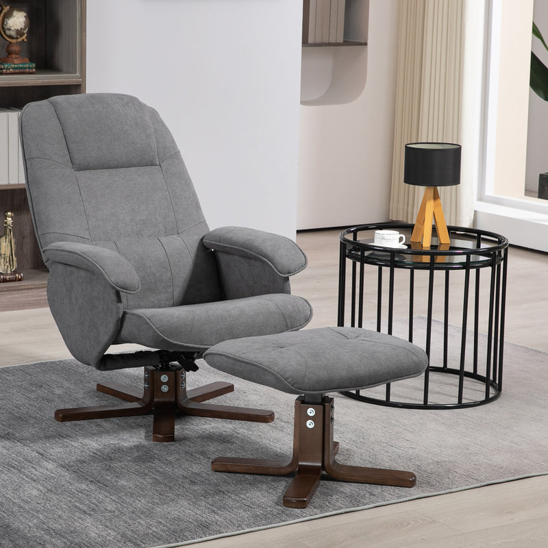 Linen Swivel Recliner Armchair With Footstool And Wooden Base For Living Room Grey