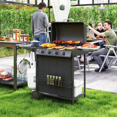 4 Plus 1 Burner Gas BBQ Grill with Thermometer Side Table and Wheels for Outdoor Cooking by Outsunny