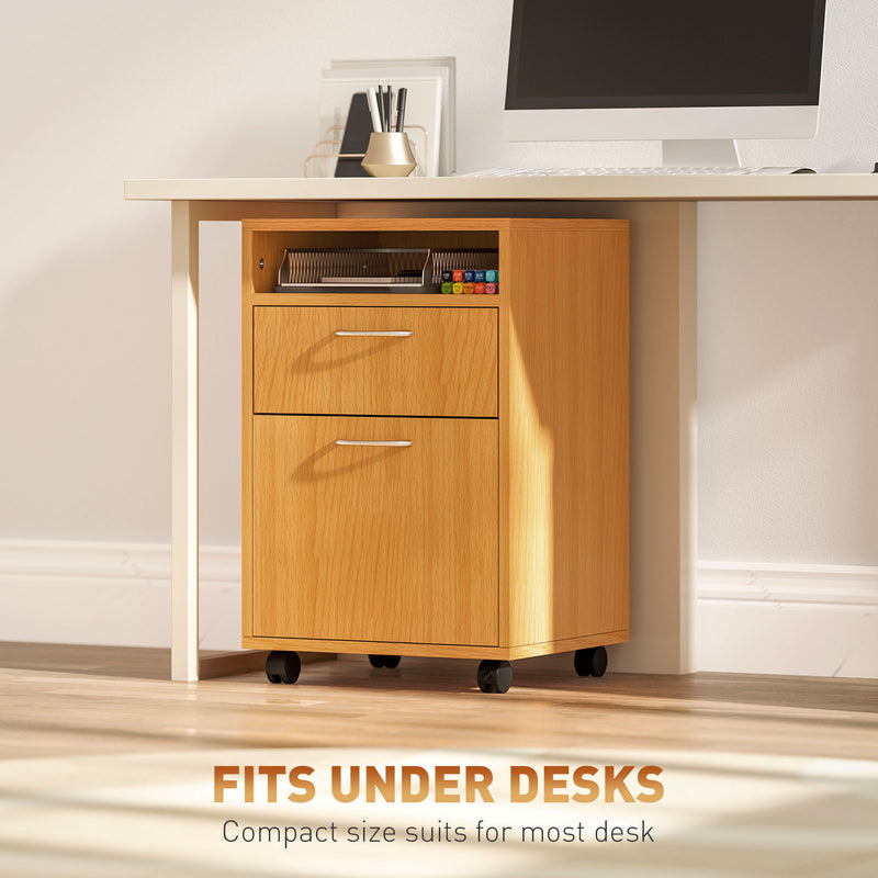 60cm Filing Cabinet with Drawer Open Shelf and Wheels Natural Wood Finish by HOMCOM
