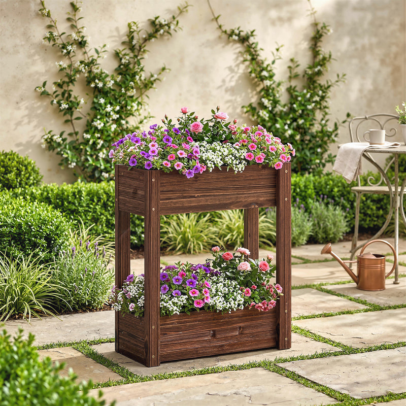 Raised Wooden Planter with 2 Compartments for Easy Gardening at Comfortable Height Carbonised Outsunny