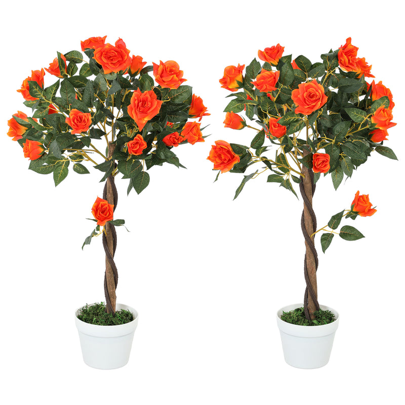 Set of 2 Artificial White Rose Plants 90cm Fake Floral Decor for Indoor or Outdoor by Outsunny