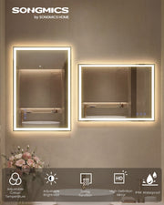 Songmics LED bathroom mirror feature icons: adjustable colour temperature, brightness, defog, HD glass and IP44 waterproof rating