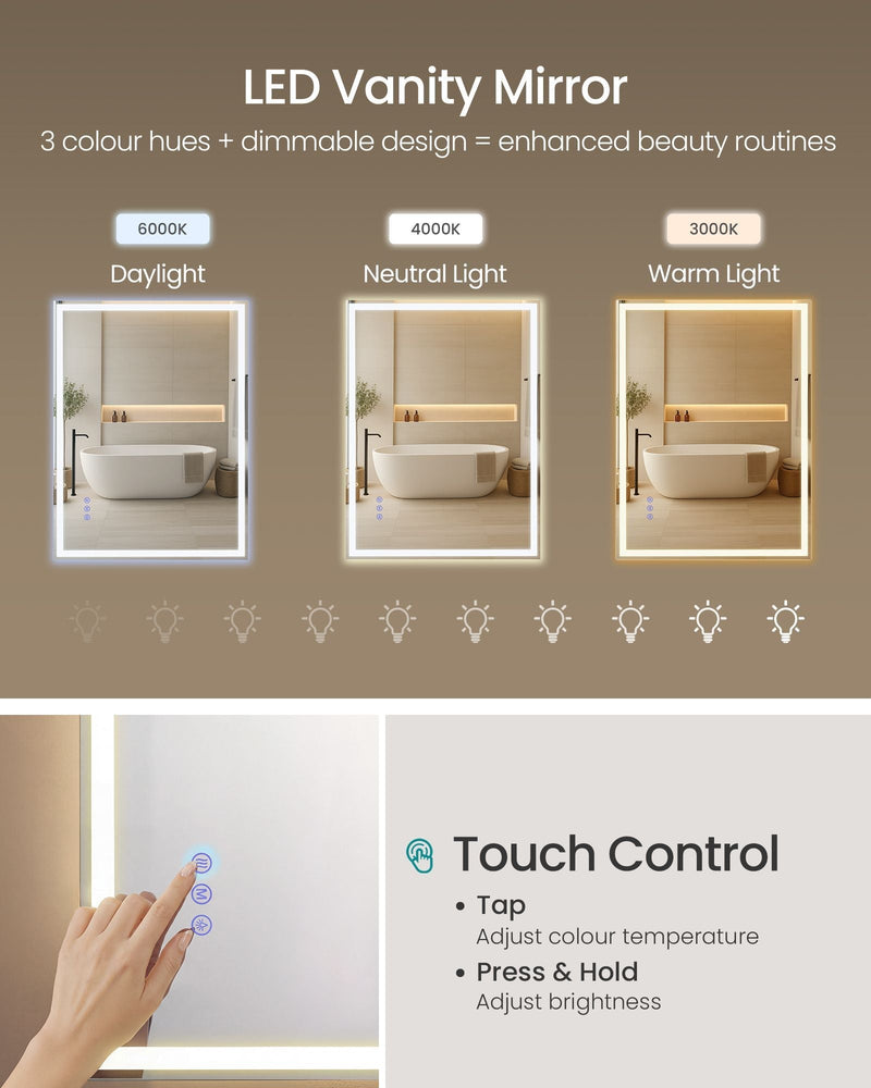 Mirror shown in daylight, neutral and warm light settings next to a touch control panel