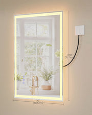 Dimension diagram showing the Songmics LED mirror at 50.7 cm wide and 70.7 cm tall, wall-mounted with a cable to a wall switch