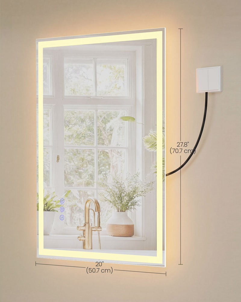 Dimension diagram showing the Songmics LED mirror at 50.7 cm wide and 70.7 cm tall, wall-mounted with a cable to a wall switch