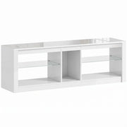 White LED TV stand with four open shelves, glass shelves and a centre compartment on a plain background