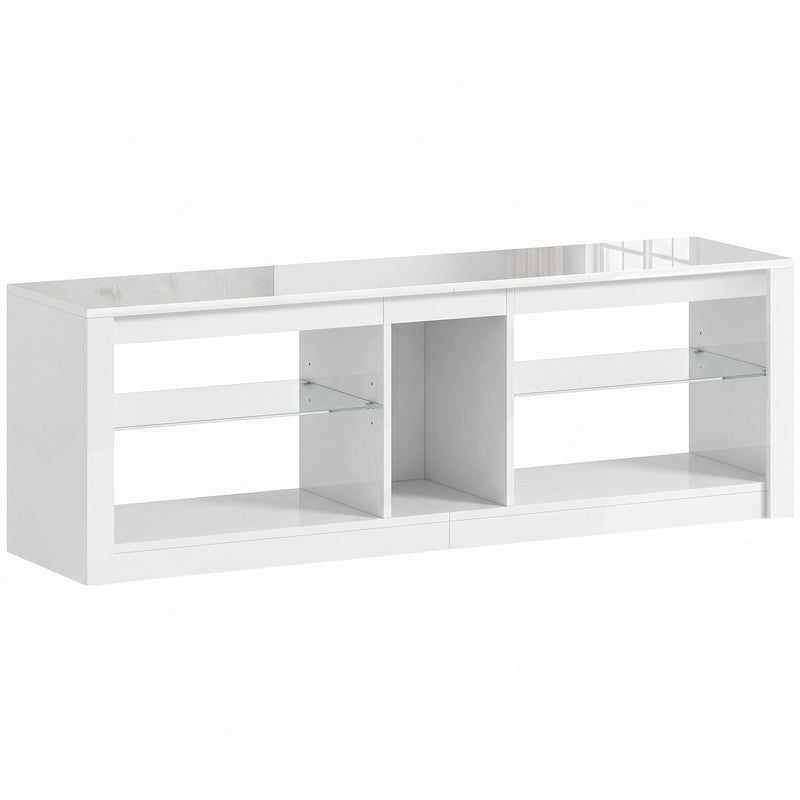 White LED TV stand with four open shelves, glass shelves and a centre compartment on a plain background