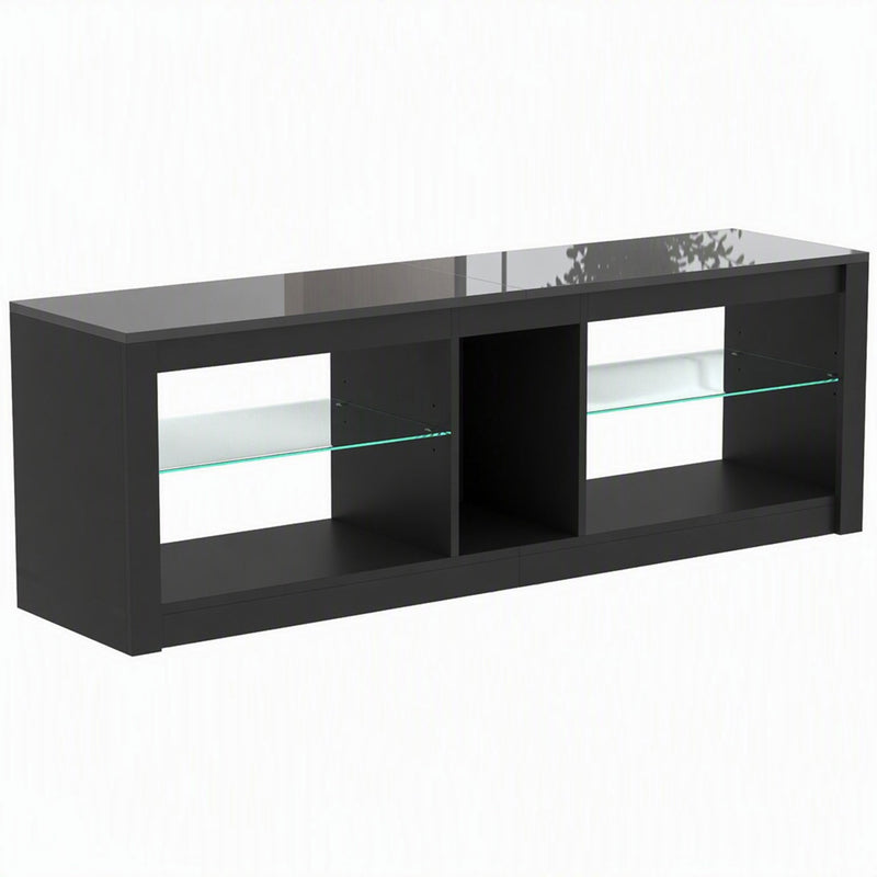 Black LED TV stand with glass shelves and a centre compartment on a plain background