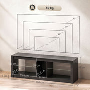 Dimensions diagram of the black TV stand showing 140 cm width, 47 cm height, shelf sizes and TV size guide