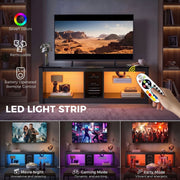 Black TV stand LED light strip graphic with seven colours, remote control and three lighting modes