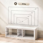 Dimensions diagram of the white TV stand showing 140 cm width, 47 cm height, shelf sizes and TV size guide