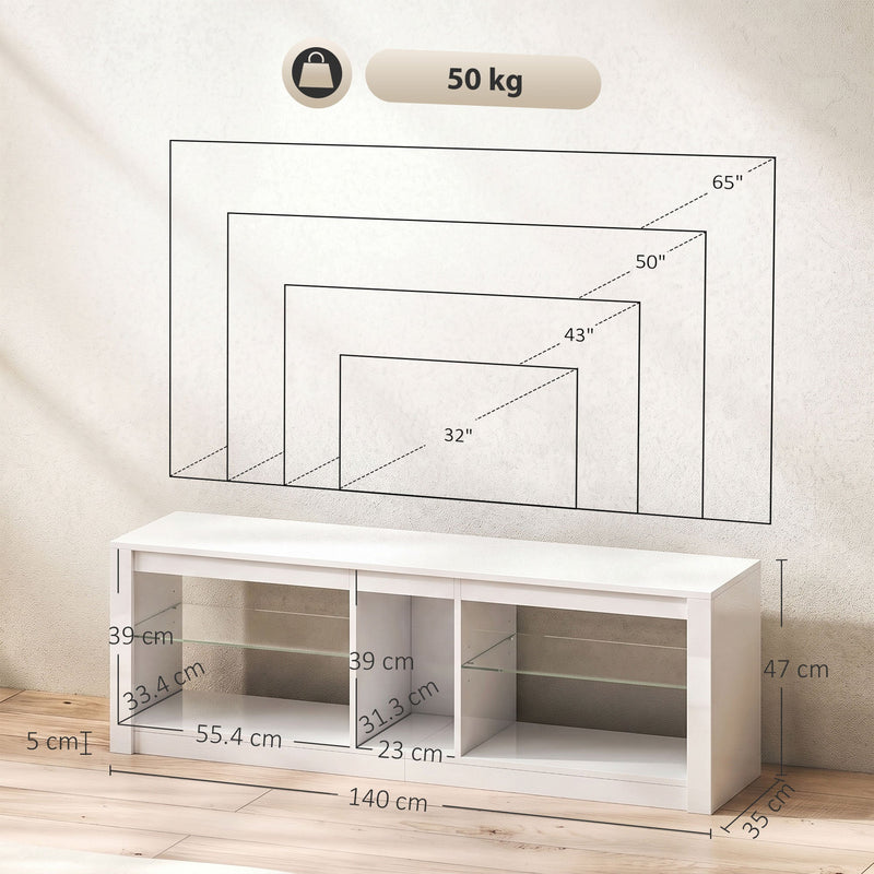 Dimensions diagram of the white TV stand showing 140 cm width, 47 cm height, shelf sizes and TV size guide