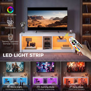 LED light strip graphic showing seven colours, removable strips, remote control and three lighting modes