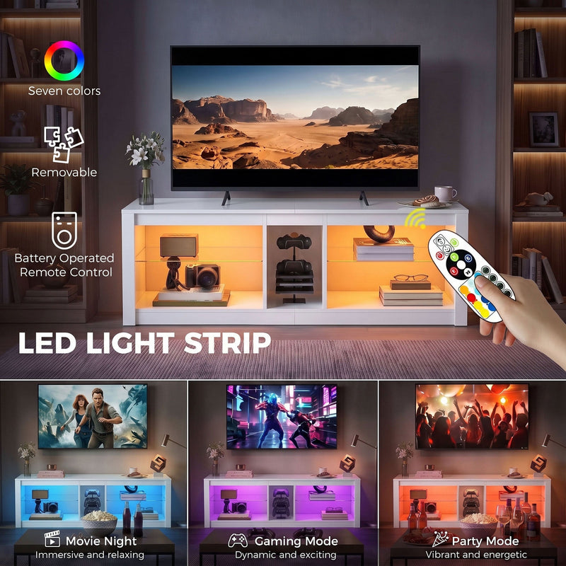 LED light strip graphic showing seven colours, removable strips, remote control and three lighting modes