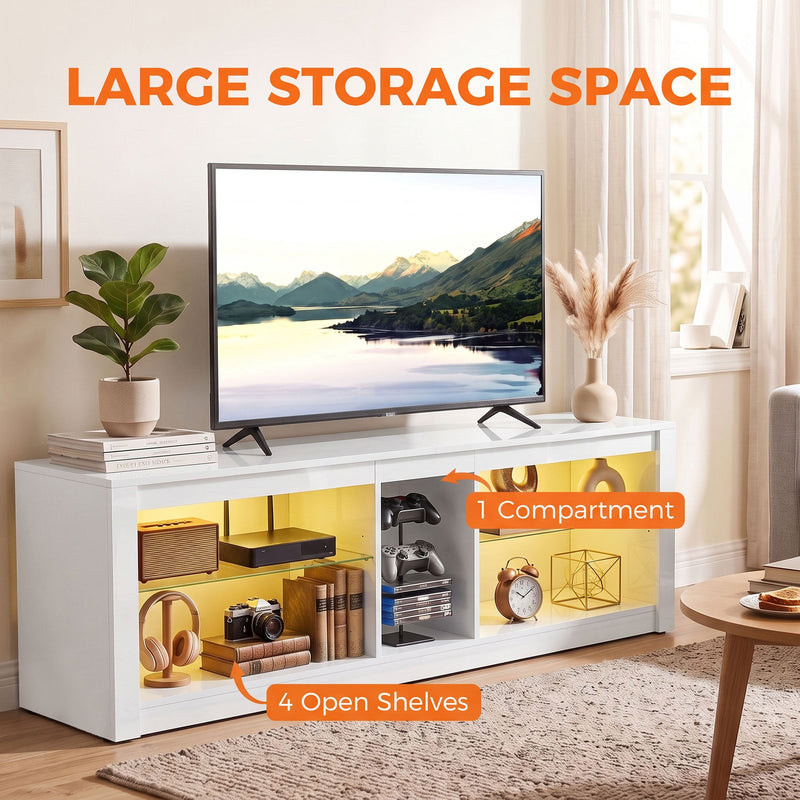 White TV stand with callouts for four open shelves and one compartment, styled with books and a camera