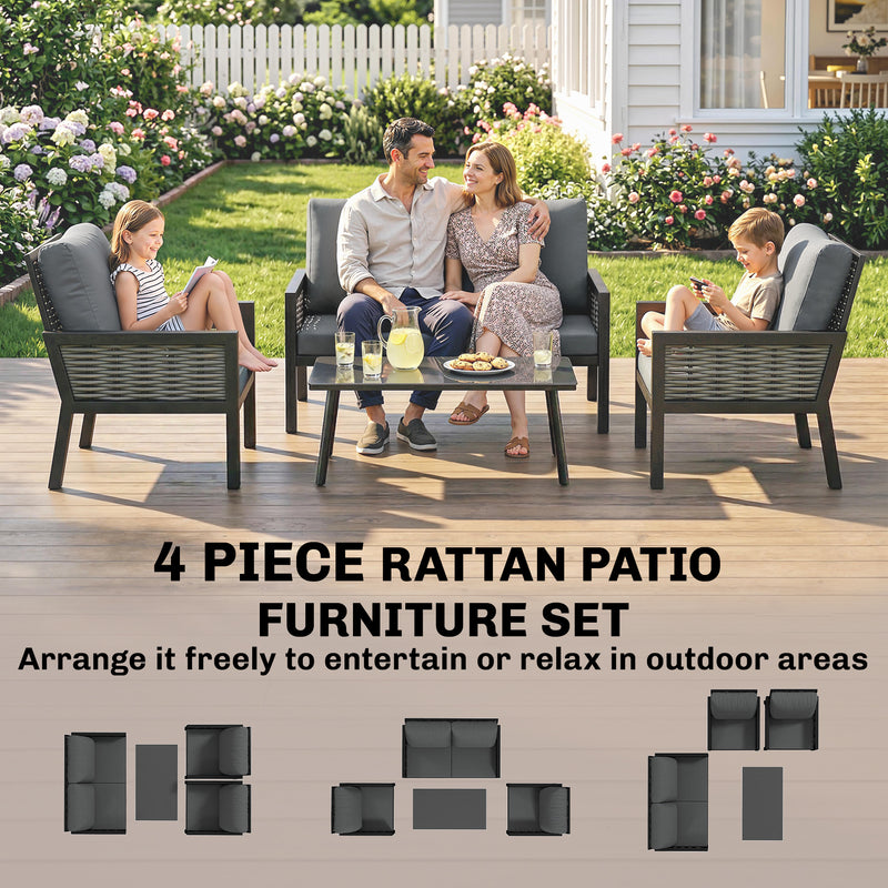 4-Piece Rattan Garden Furniture Set with Loveseat, Armchairs and Coffee Table — Dark Grey or Light Grey Outsunny
