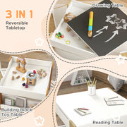 Three Piece Kids Table and Chair Set with Blackboard Storage and Shelves in Natural Wood AOSOM
