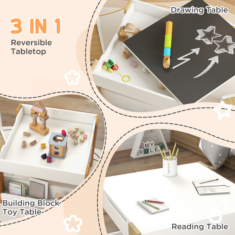 Three Piece Kids Table and Chair Set with Blackboard Storage and Shelves in Natural Wood AOSOM