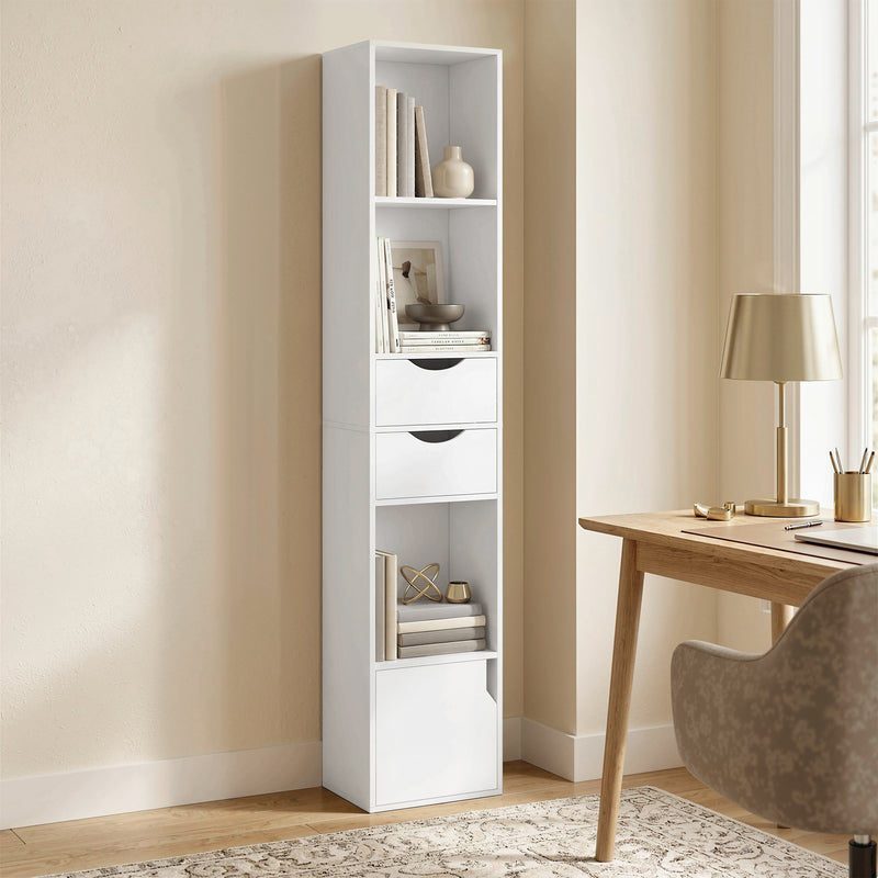 Slim Corner Bookcase with Shelves Drawers and Cabinet for Compact Home Storage White AOSOM