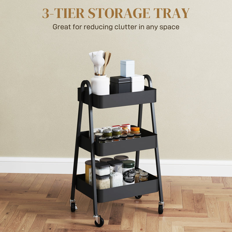 Black 3 Tier Storage Trolley with Wheels for Home and Office by HOMCOM