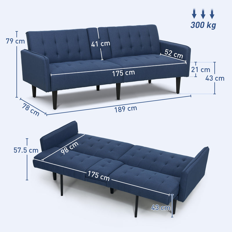 Dark Blue 3 Seater Linen Feel Sofa Bed with Storage and Cupholders by HOMCOM