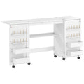 Folding Sewing Table with Storage and Wheels for Compact Home Craft Spaces White AOSOM