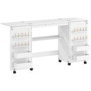 Folding Sewing Table with Storage and Wheels for Compact Home Craft Spaces White AOSOM