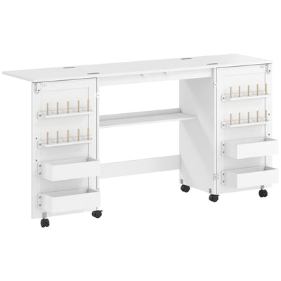 Folding Sewing Table with Storage and Wheels for Compact Home Craft Spaces White AOSOM