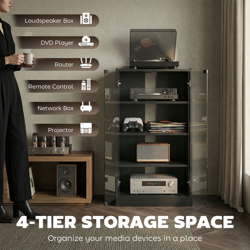 Record Player Stand With Adjustable Shelves and Glass Doors for Tidy Media Storage Black Wood-Effect
