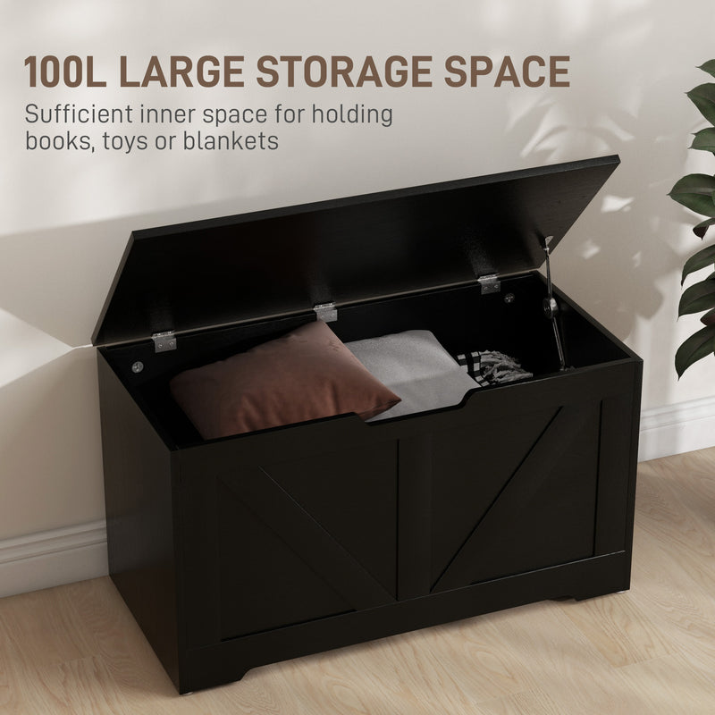 100L Wooden Storage Box With Safety Hinges Ideal for Home Organisation, Black