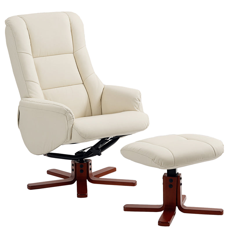 Cream Faux Leather Rocking Recliner Chair with Matching Footstool and Wood Base for Living Room Comfort