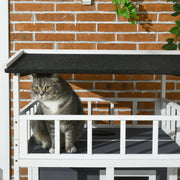 3 Tier Outdoor Wooden Cat House With Terrace And Sheltered Base For Winter, Grey