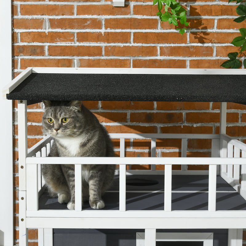 3 Tier Outdoor Wooden Cat House With Terrace And Sheltered Base For Winter, Grey