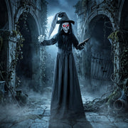 Animated witch decoration showing the changed skull face with glowing red eyes at a ruined gateway